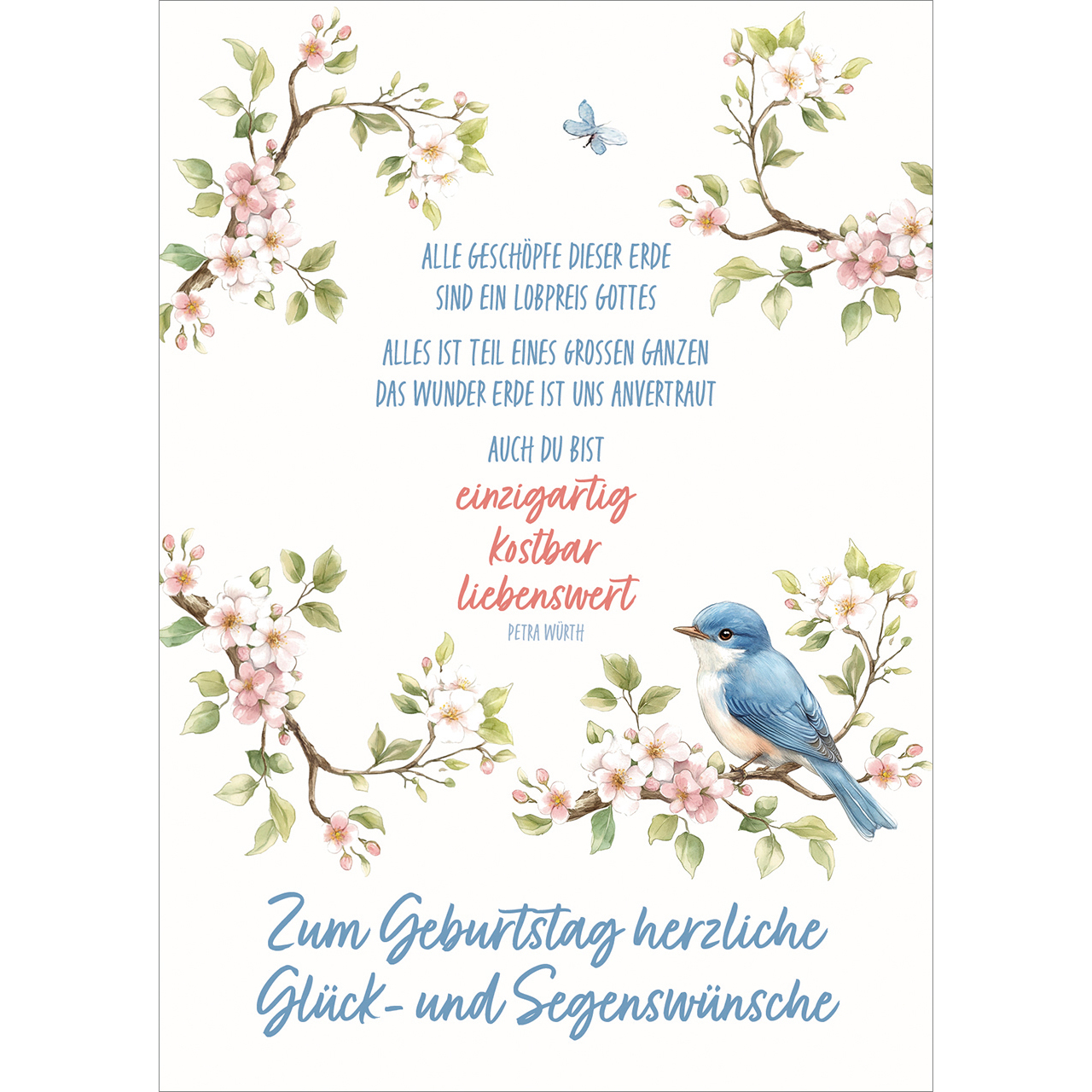 Postkarten - Zum Geburtstag herzliche Glück- und Segenswünsche - Aquarell Vogel Blütenzweige Schmetterling