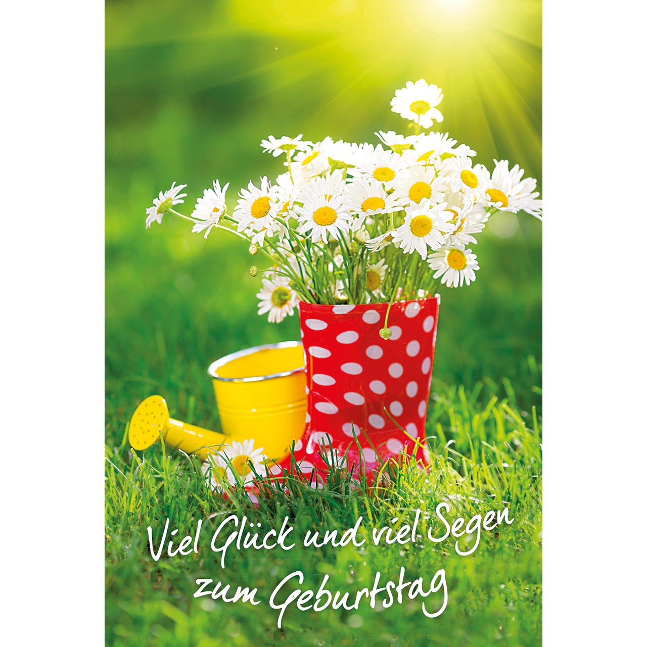 Faltkarte - Viel Glück und viel Segen - gelbe Kanne - Kamillenstrauß in roten Gummistiefeln