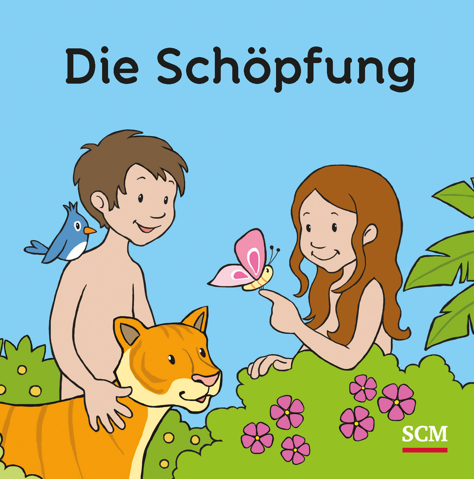Kinderbibel - Die Schöpfung - Menschen Schmetterling Tiger Vogel Busch Blumen