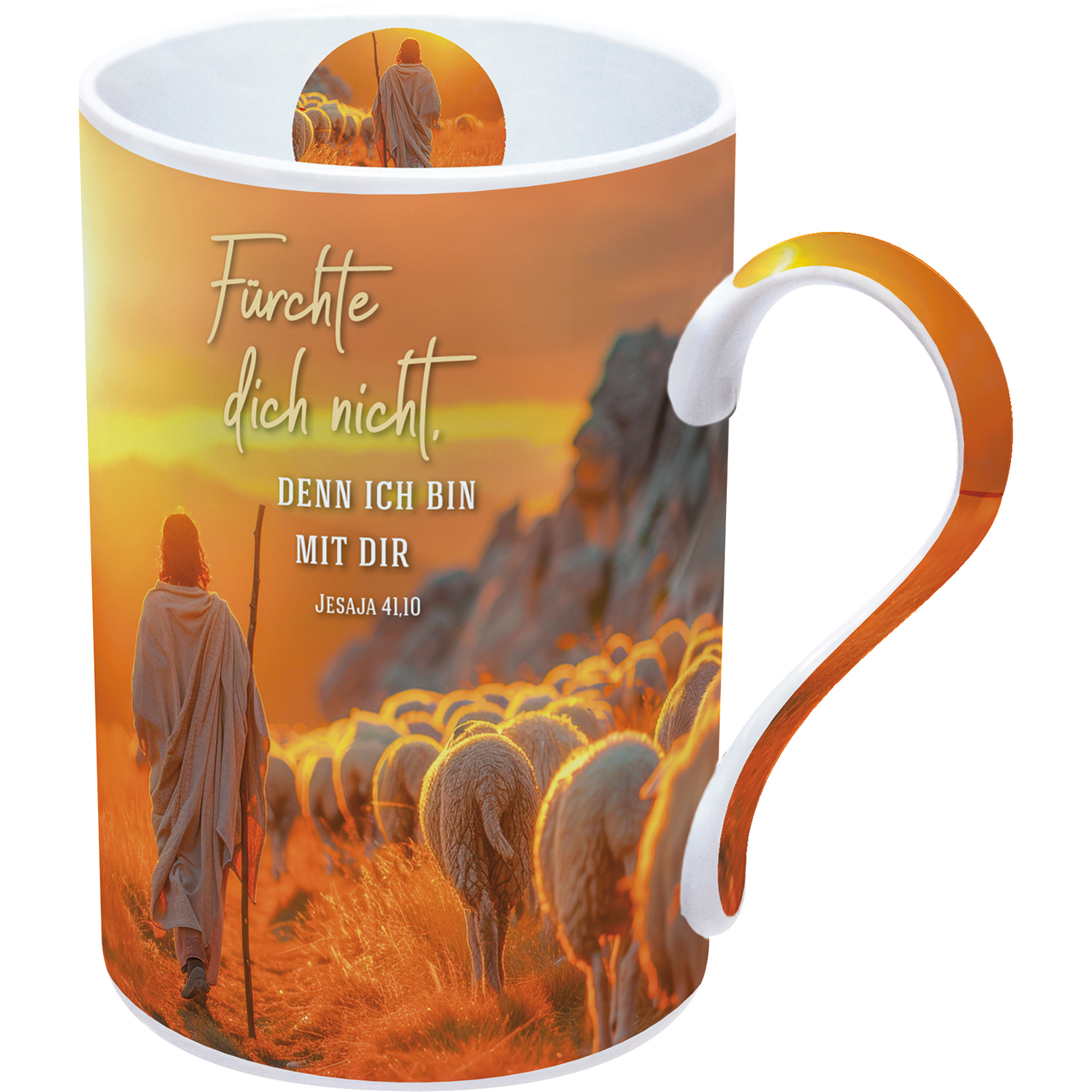 Tasse - Fürchte dich nicht, denn ich bin mit dir; - Hirte Schafe Berge Felsen Sonnenuntergang Sonnenaufgang Wolken Stab Feld Umhang Sonne