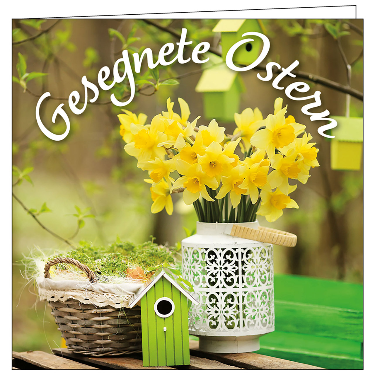 Teelicht mit Grußkarte - Gesegnete Ostern - Narzissen Vogelhaus