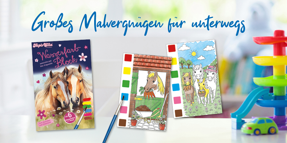 Wasserfarb-Block mit Pferdemotive neben Spielzeugautos und Malvorlagen mit Pferden und Ponys im Garten. Text: Großes Malvergnügen für unterwegs.