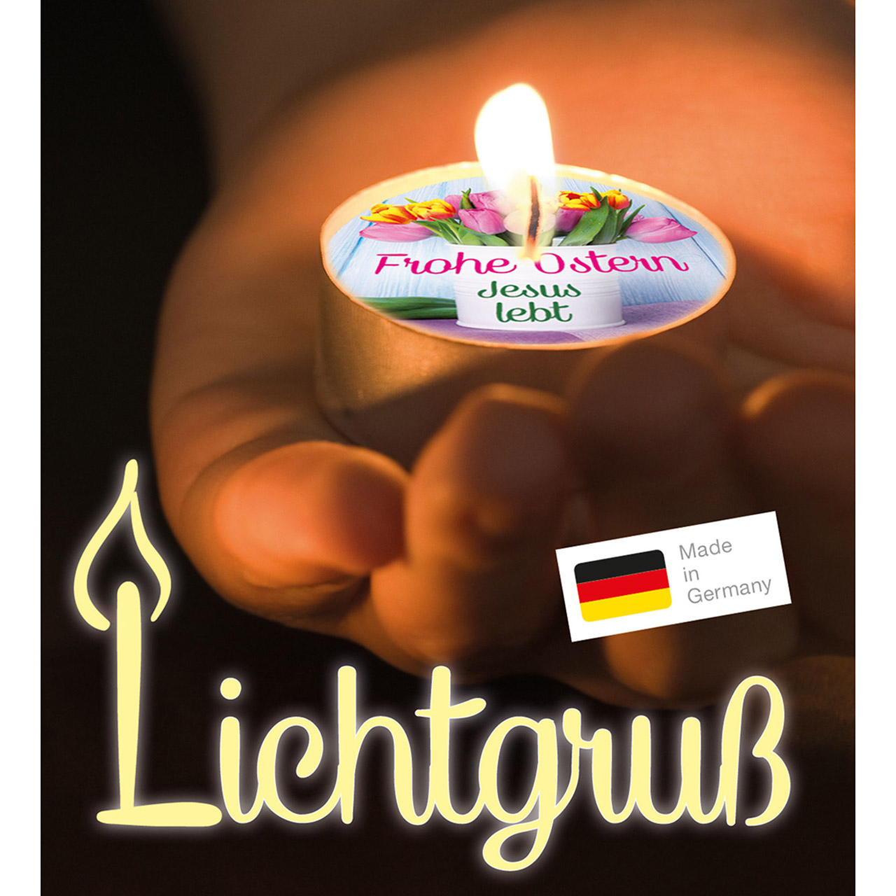Teelicht mit Grußkarte - Frohe Ostern - Jesus lebt - Tulpen im Topf