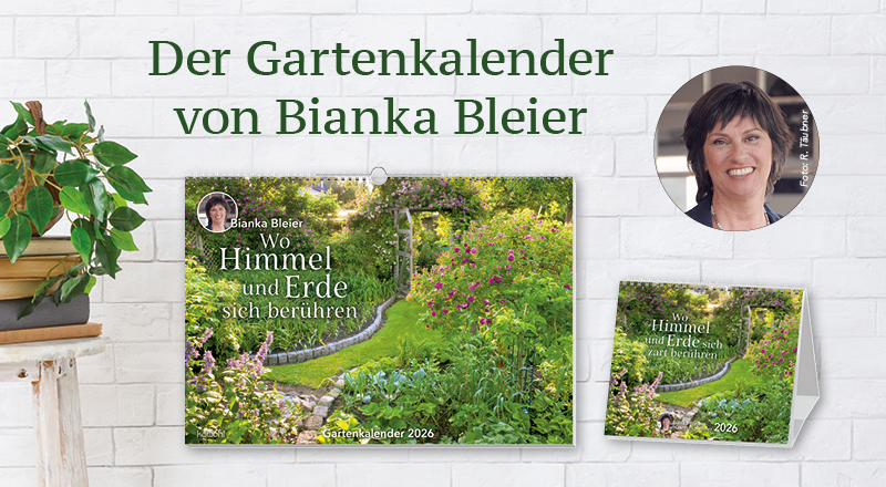 Banner für den Garten-Kalender von Bianka Bleier mit einem dekorativen Gartenmotiv und einem Portrait von der Autorin.