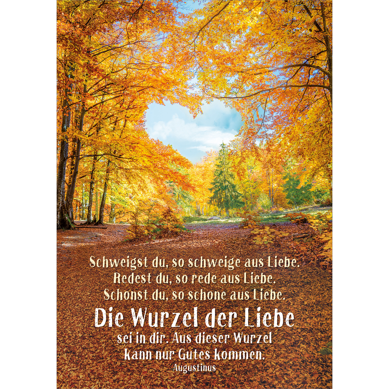 Postkarten - Schweigst du, so schweige aus Liebe - Wald Herz Bäume Blätter Herbst Wolken Himmel Laub
