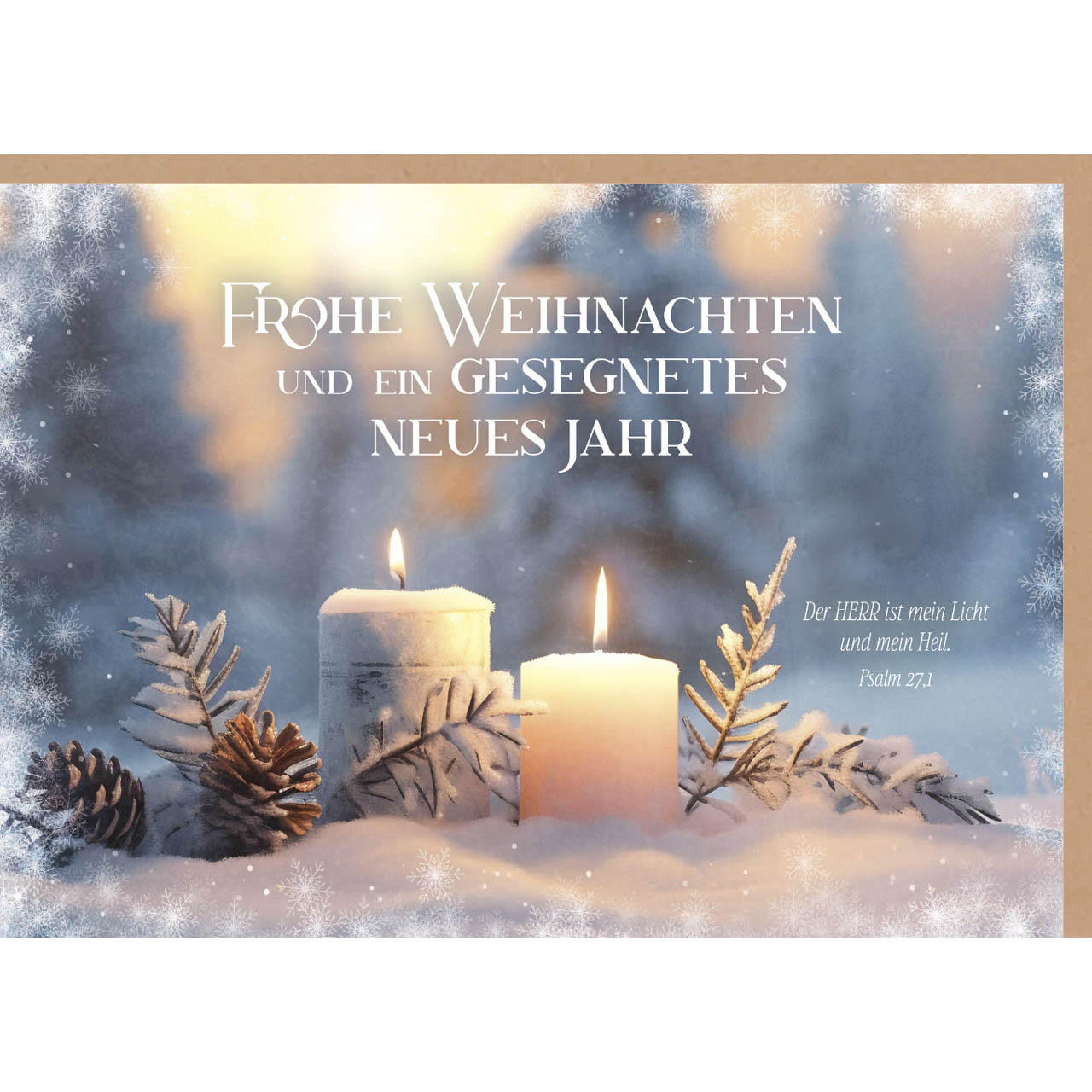 Faltkarte - Faltkarte 'Frohe Weihnachten und ein gesegnetes neues Jahr' 1x  Motiv: weiße Ker - Faltkarte Kerzen Schnee Tannenzapfen