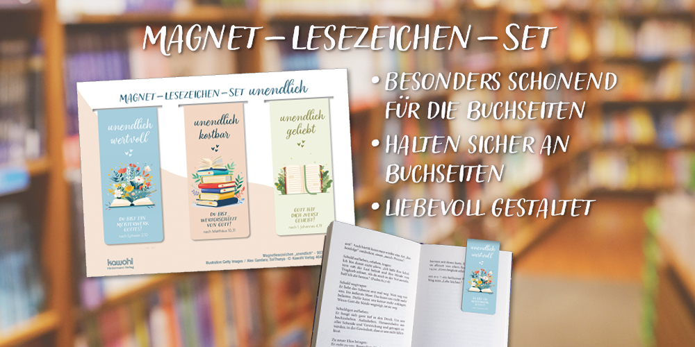 Magnet-Lesezeichen-Set unendlich vor verschwommenem Bücherregal. Text: besonders schonend, halten sicher an Buchseiten, liebevoll gestaltet 3.	Mit dem Koffer voller Hoffnung: