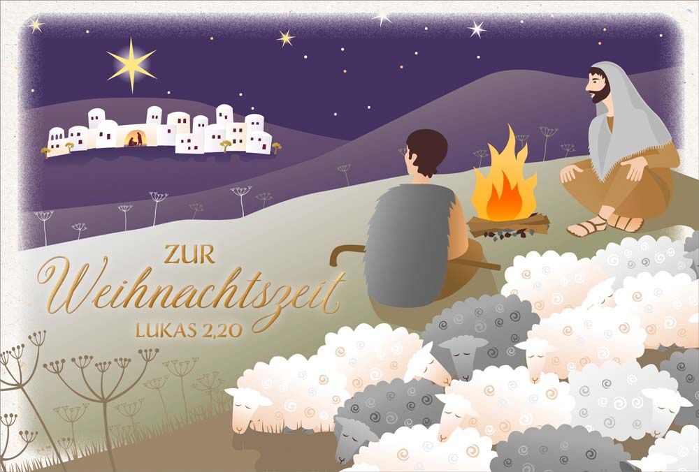 Faltkarte - Faltkarte Weihnachten/NJ - Stadt Stern Schafe Hirten Lagerfeuer