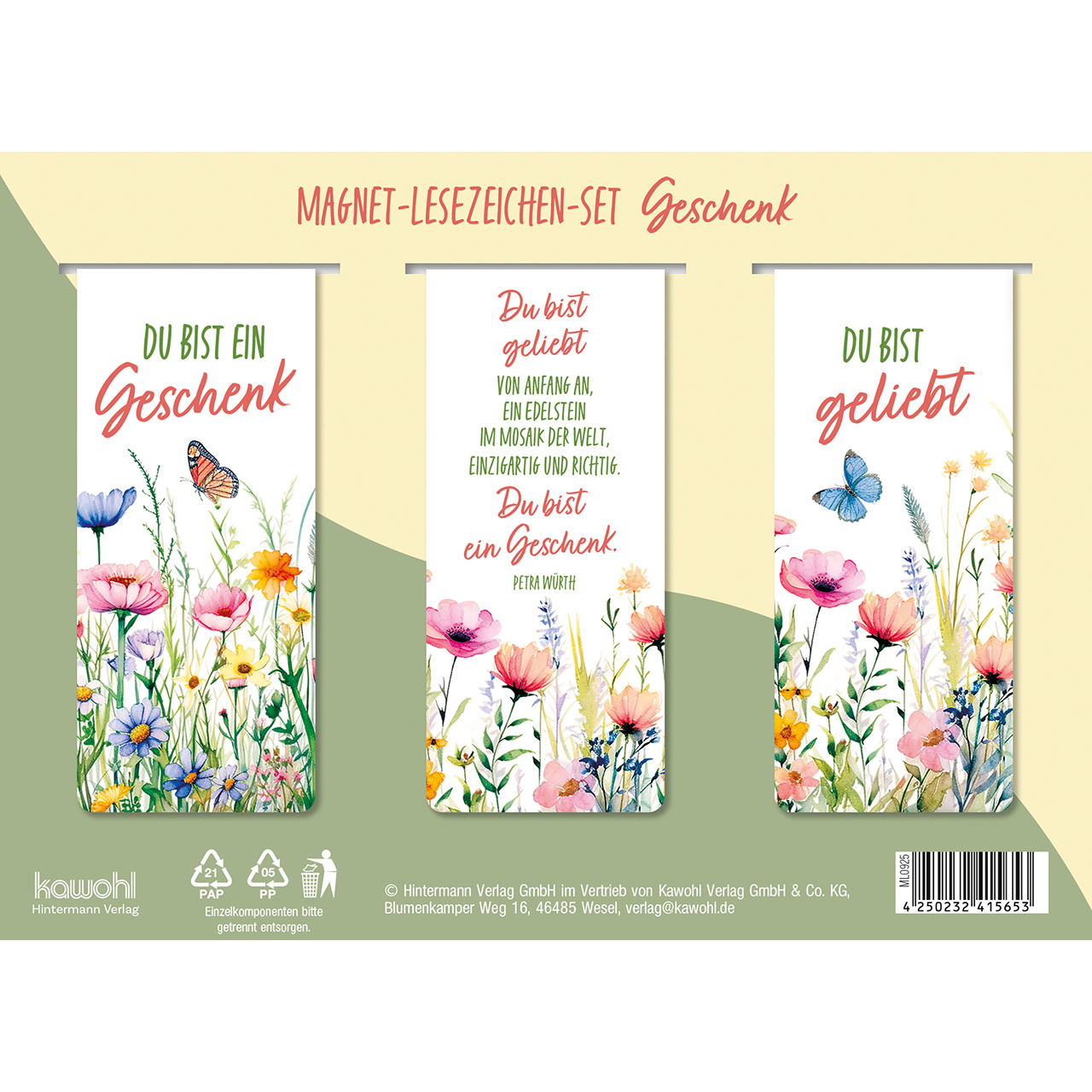 Lesezeichen - Du bist ein Geschenk - Blumen Aquarell Schmetterlinge