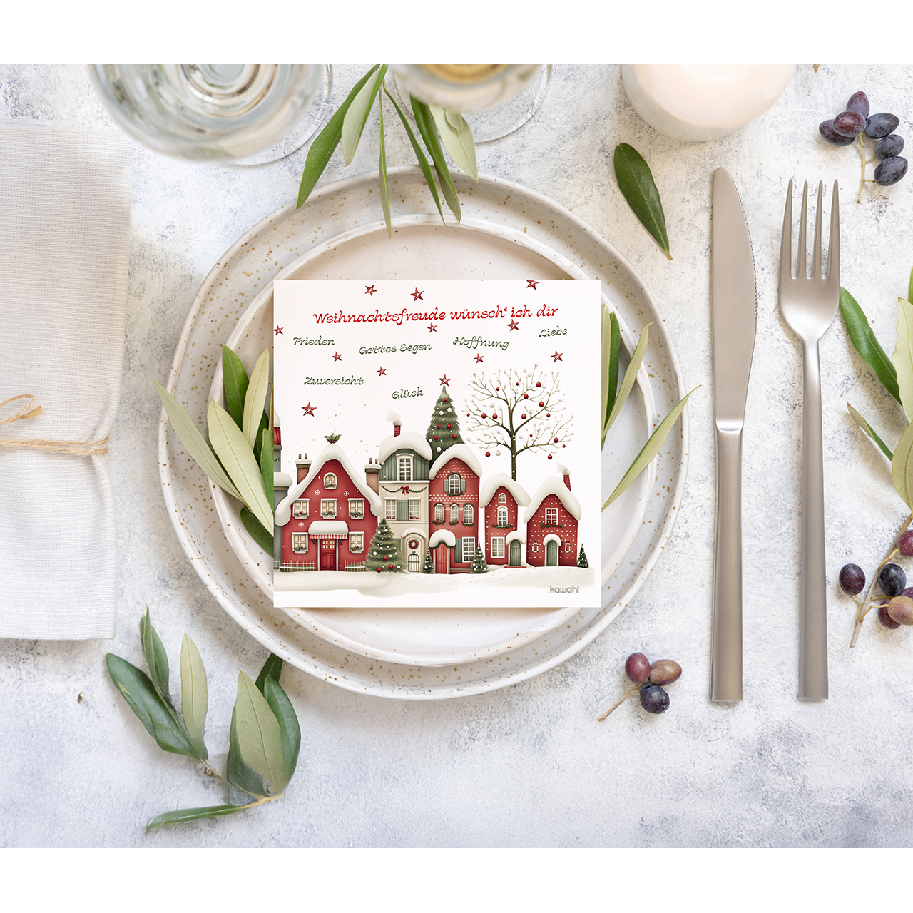 Servietten - Weihnachtsfreude wünsch' ich dir - Häuserzeile Haus Schnee Grafik Sterne Tannenbaum