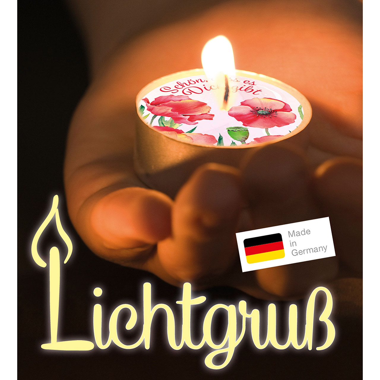 Teelicht mit Grußkarte - Schön, dass es Dich gibt - Mohn grafisch
