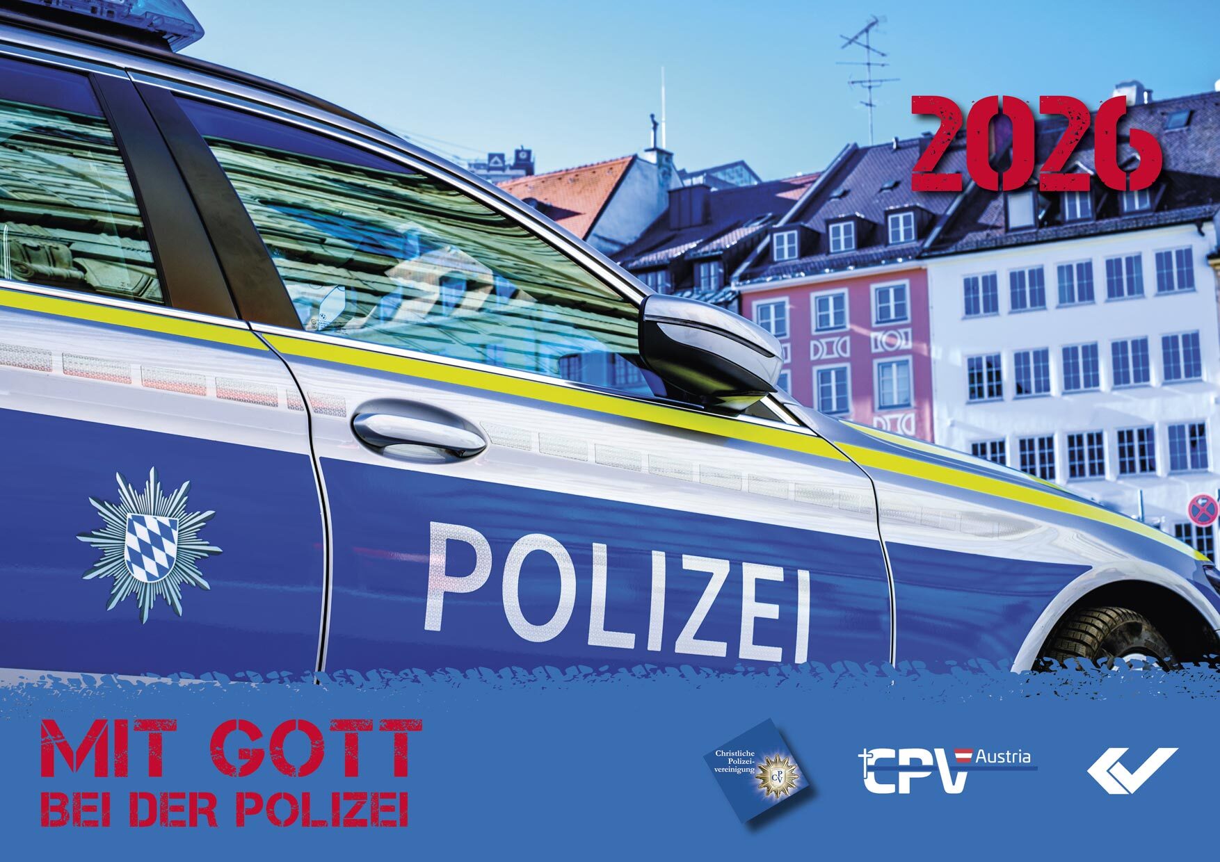 Wandkalender - Mit Gott bei der Polizei 2026 - Polizeiauto Häuser