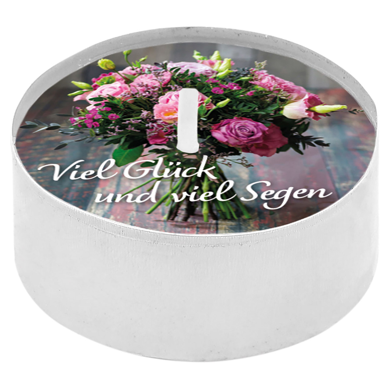 Teelicht mit Grußkarte - Viel Glück und viel Segen - Rosenstrauß