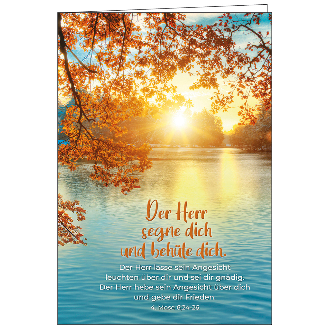 Faltkarte - Der Herr segne dich und behüte dich. - See Herbst Sonne Baum Blätter Strahlen
