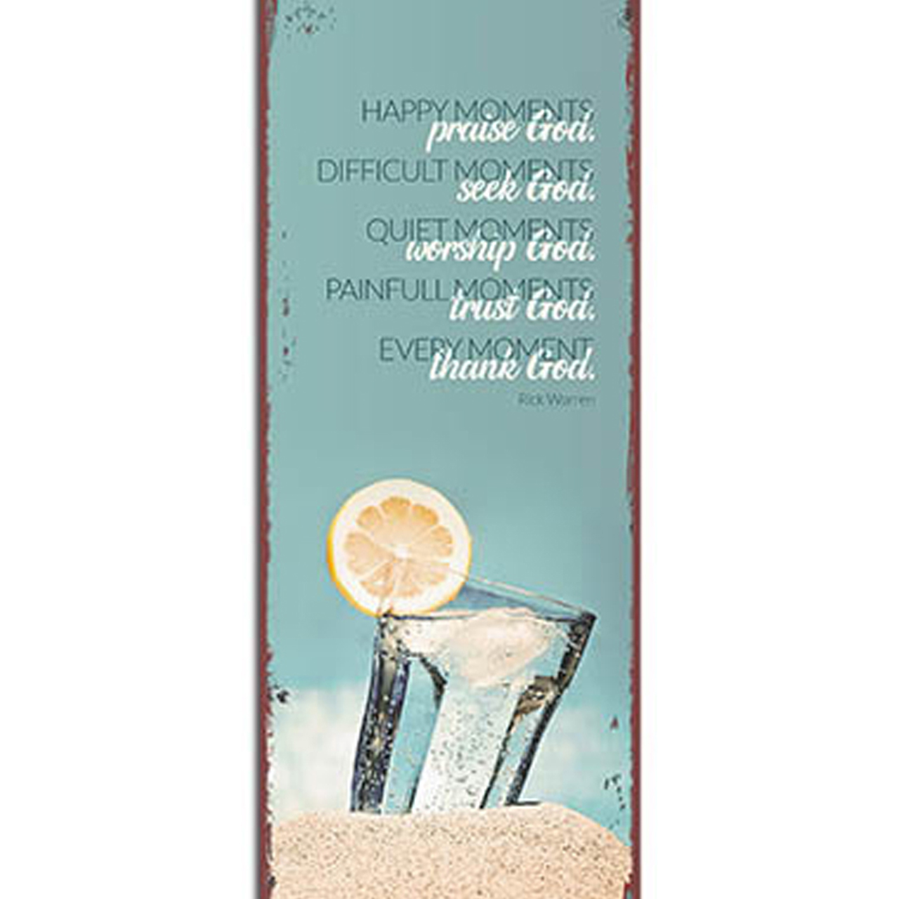 Wanddekoration - Metallschild 'Happy Moments' - Glas Eiswürfel Zitonenscheibe Sand Himmel