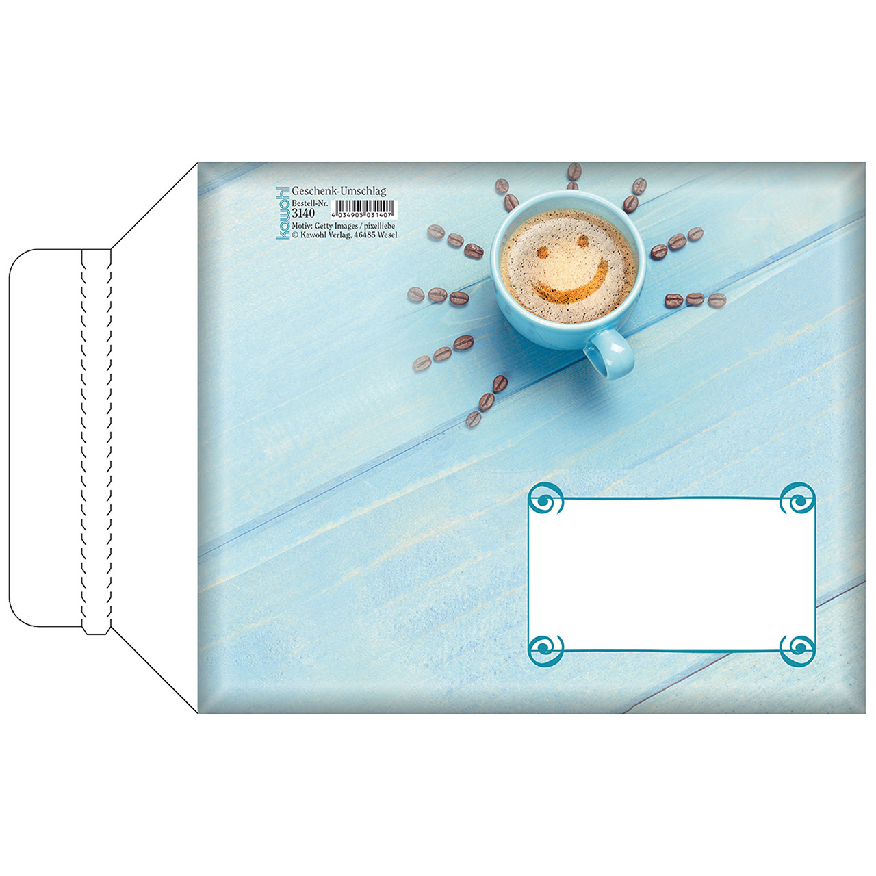 Umschlag - Ein Lächeln begleite deinen Tag - Smilie Kaffeebohnen Tasse