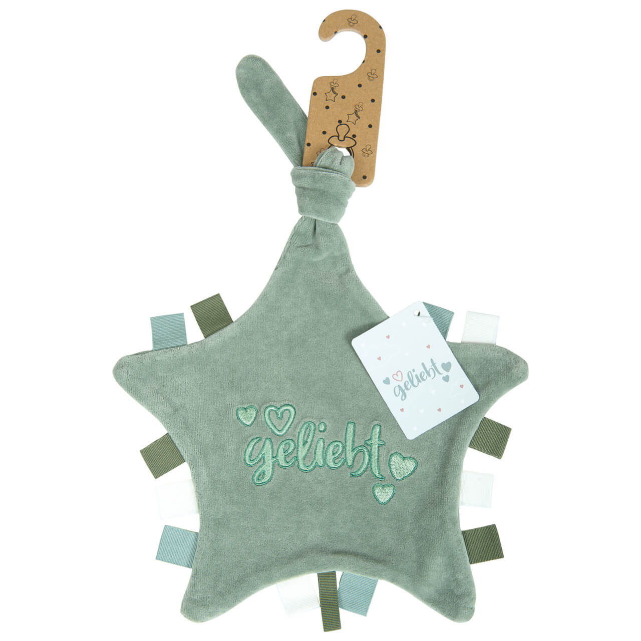 Schmuck & Accessoires - Baby-Schmusetuch 'geliebt'  salbei - Tuch Stern Herzen