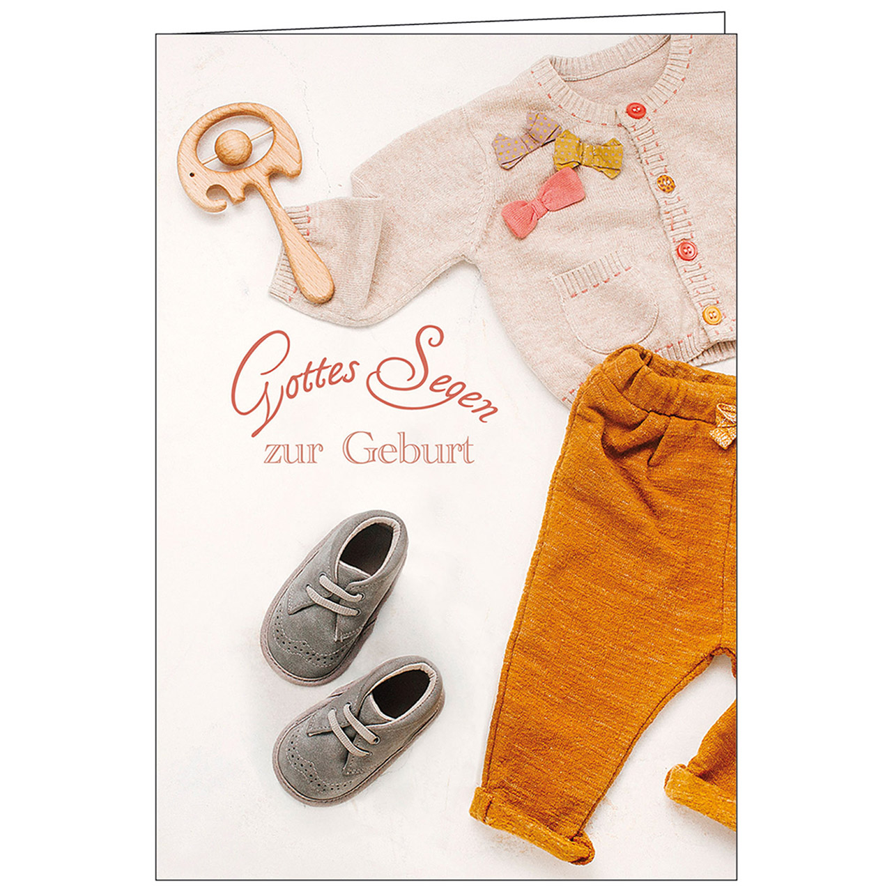 Gottes Segen zur Geburt Faltkarte - Gottes Segen zur Geburt - Babykleider Schuhe Holzrassel
