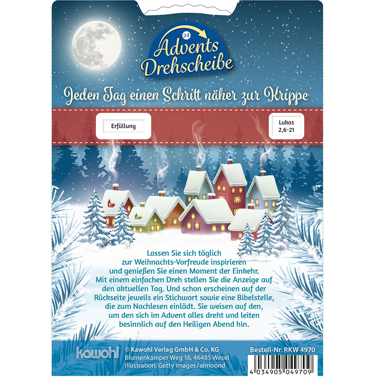 Adventskalender - Gesegnete Adventszeit - Grafik Häuschen Mond Tannenzweige Schnee