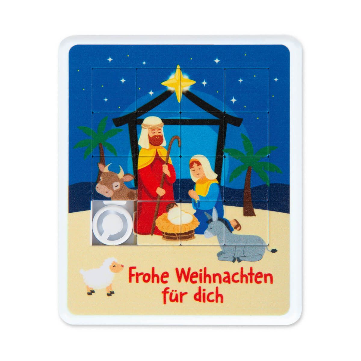 Spiel & Spaß - Schiebepuzzle Krippe 'Frohe Weihnachten für dich' - Mann Frau Baby Ochse Stern Esel Palmen