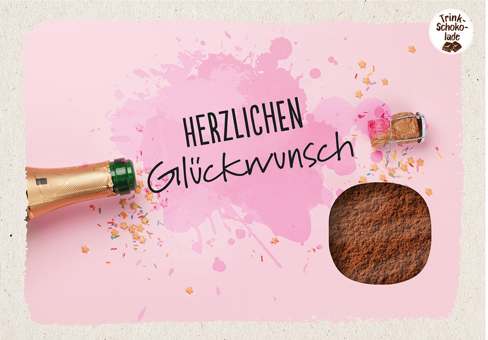 Lebensmittel-Karte - Schokokarte 'Herzlichen Glückwunsch' - Karte Kakau Flaschenhals Korken