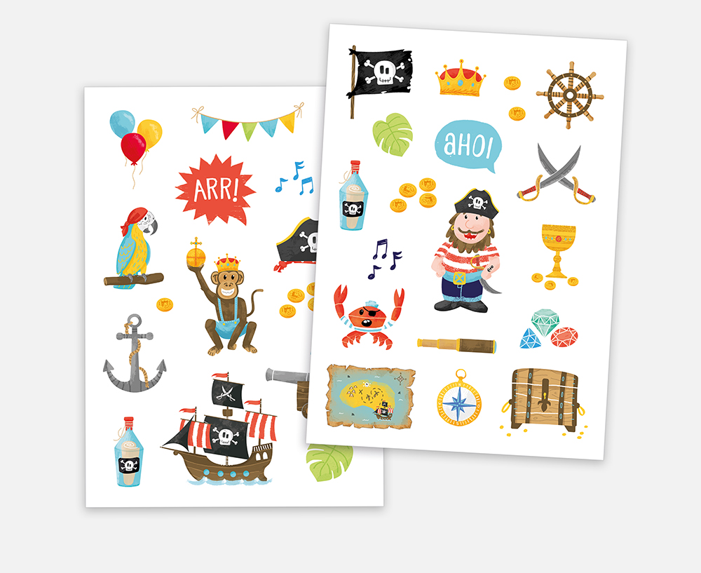 Tattoos - Tattoo-Set Pirat - Sticker Pirat Schiff Affe Gold Krabbe Steuerrad Fahne Totenkopf Flasche Anker Papagei Luftballons Noten