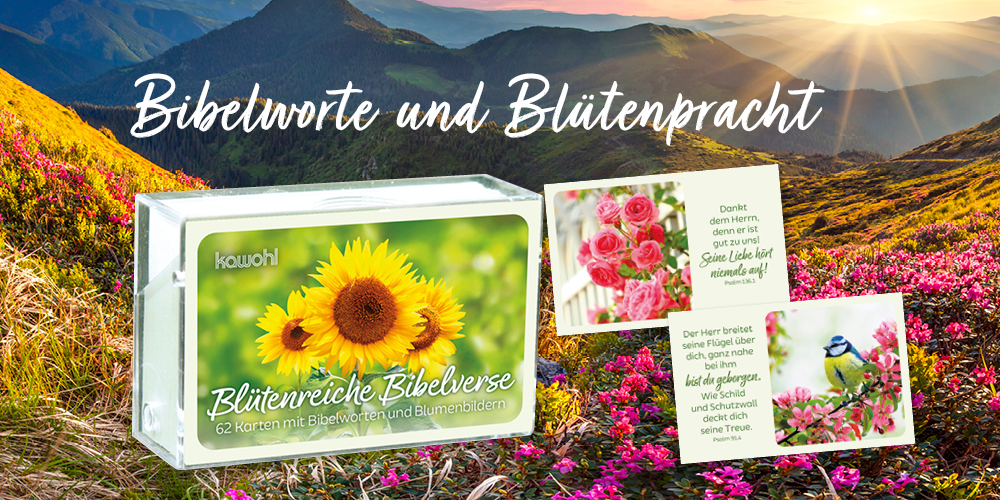 Banner mit blühenden Bergen, darauf steht eine Bibel-Kartenbox mit 2 dazugehörigen Kärtchen, darüber steht ein Text: „Bibelworte und Blütenpracht“.