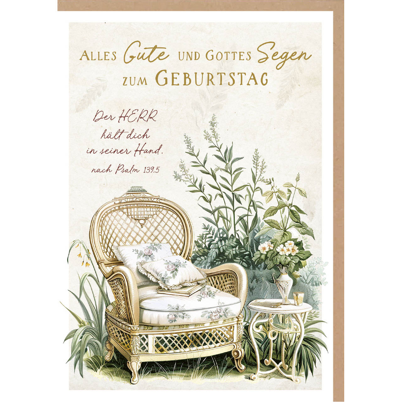 Faltkarte - Faltkarte 'Alles Gute und Gottes Segen zum Geburtstag. Der HERR hält dich in sei - Sessel Kissen Tisch Becher Vase Blumen