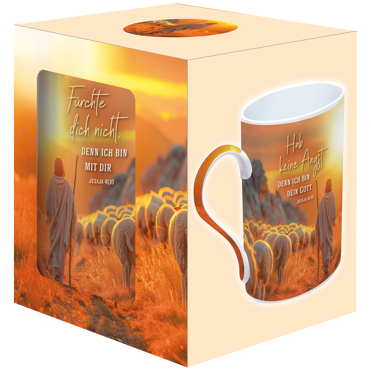 Tasse - Fürchte dich nicht, denn ich bin mit dir; - Hirte Schafe Berge Felsen Sonnenuntergang Sonnenaufgang Wolken Stab Feld Umhang Sonne