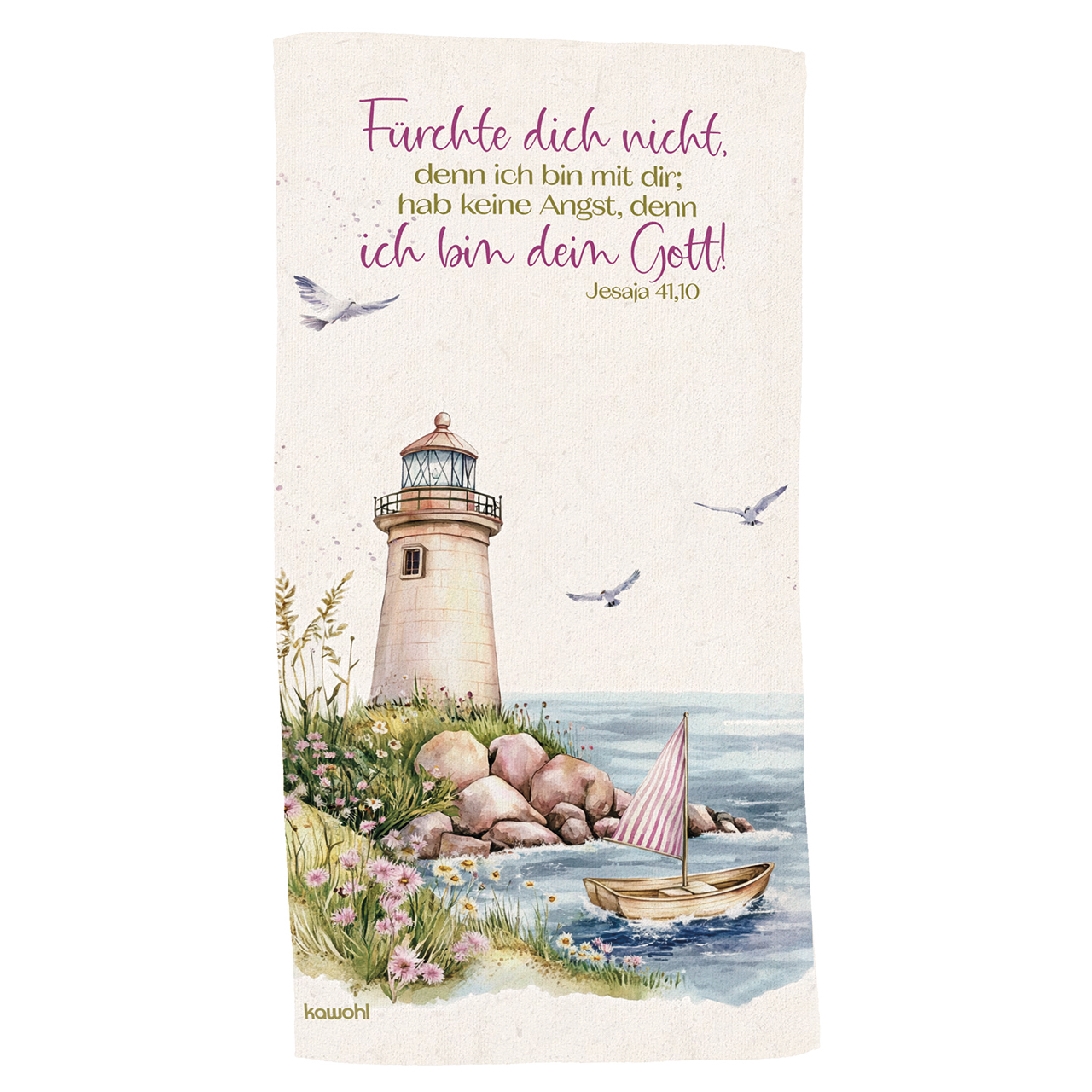 Überraschungs-Handtuch - Fürchte dich nicht, denn ich bin mit dir; - Grafik Leuchtturm Boot Möve Stenne Blumen Wasser Meer