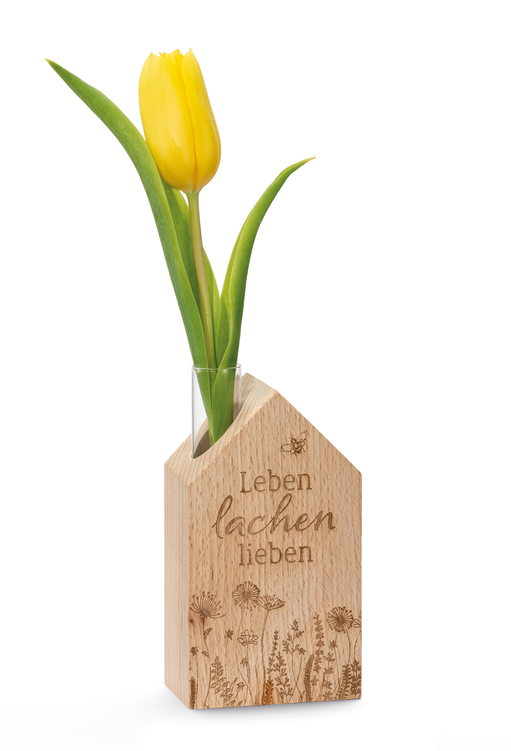 Holzhaus 'leben lachen lieben' mit Vase