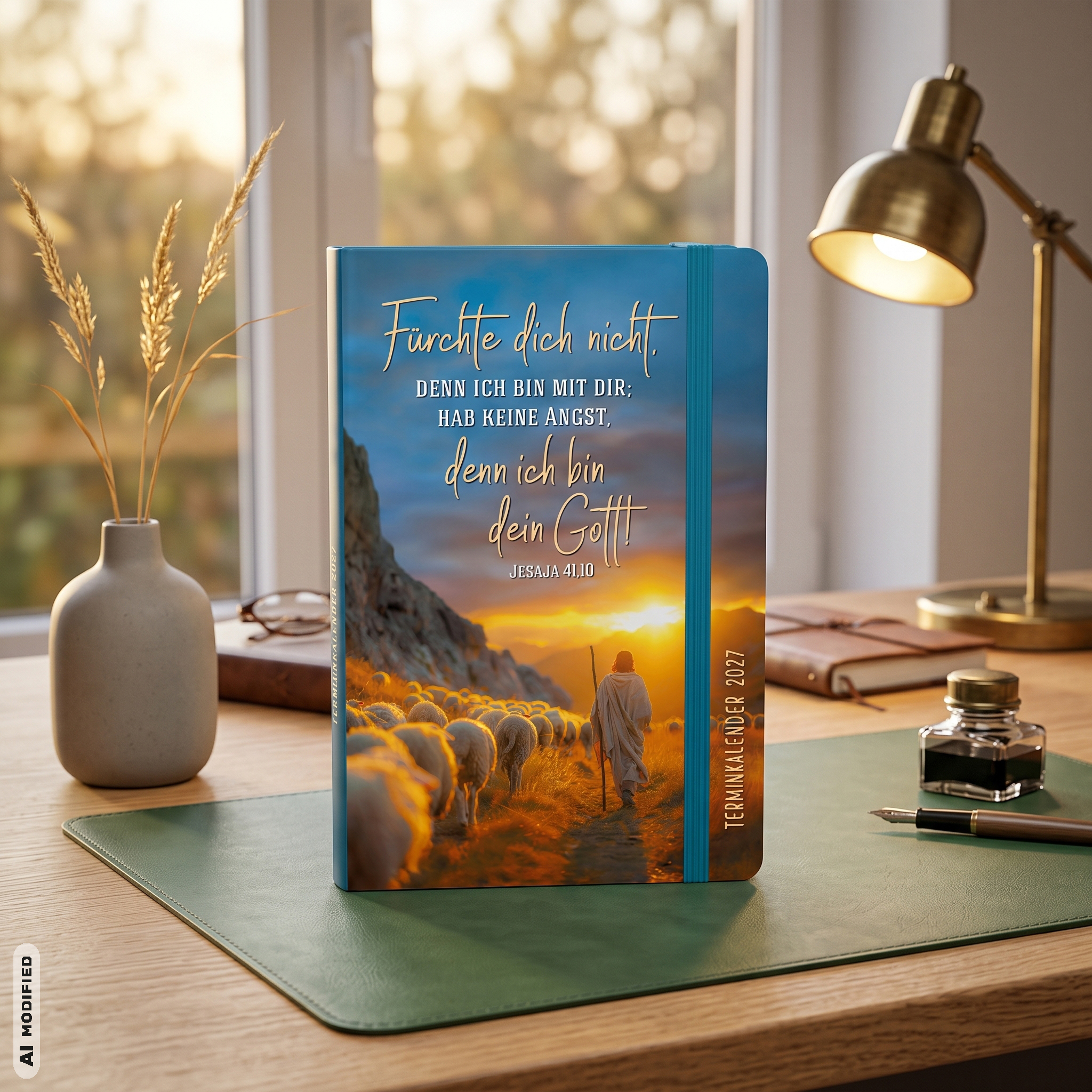 Buchkalender - Fürchte dich nicht, denn ich bin mit dir; - Hirte Schafe Berge Felsen Sonnenuntergang Sonnenaufgang Wolken Stab Feld Umhang