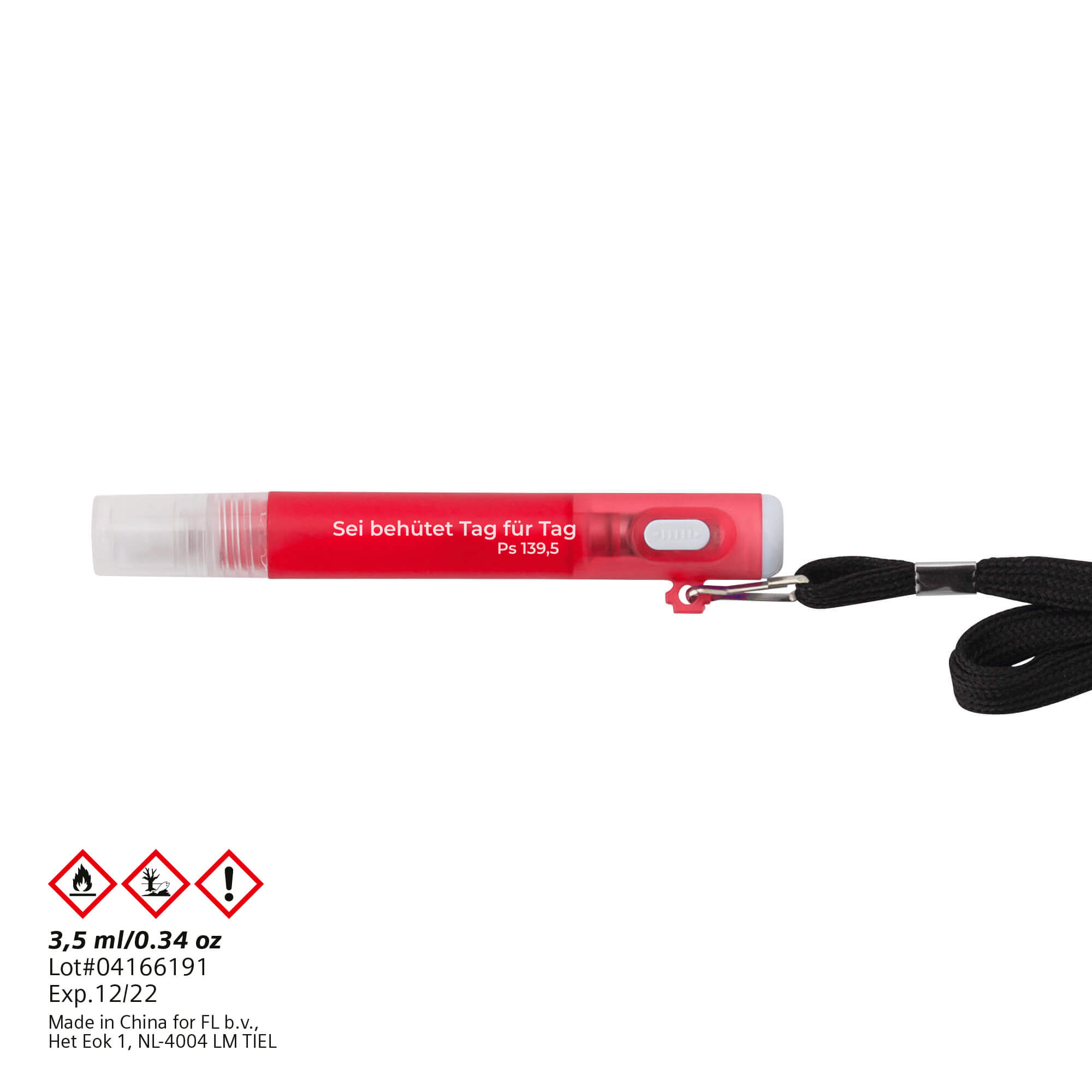 Taschenlampe - Lanyard mit Handsprühflasche, rot 'Sei behütet ...' - Sprühdose Sprühflasche Rot Taschenlampe Schlüsselanhänger