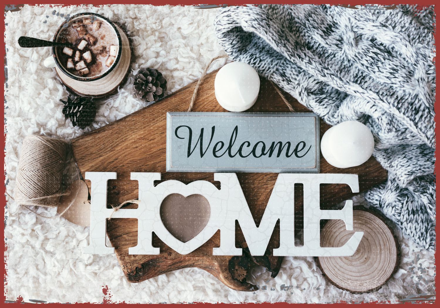 Wanddekoration - Metallschild 'Welcome Home' - Tasse Holzbrett Tau Metallschild