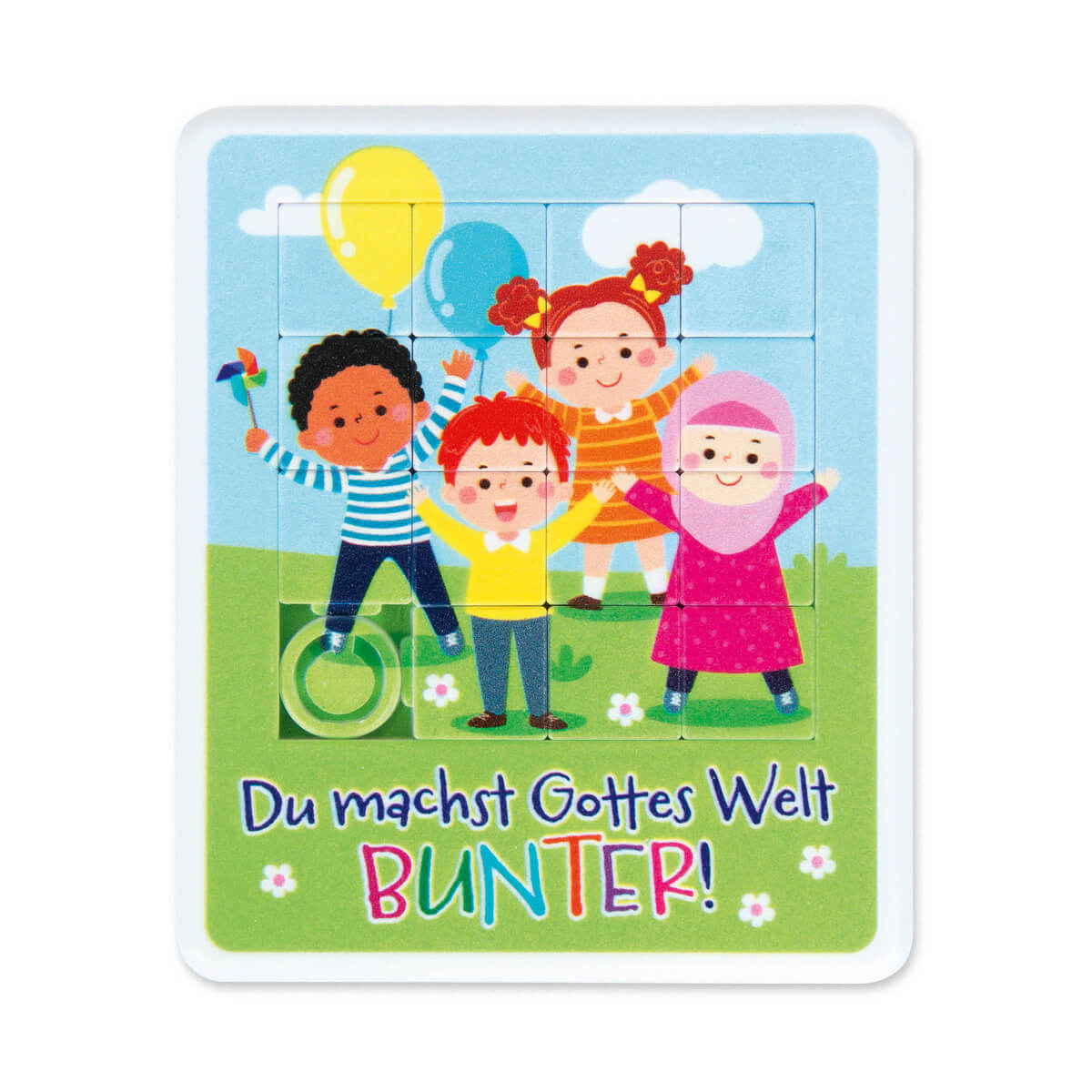 Puzzle - Schiebepuzzle 'Kinder' - Kinder Luftballon Wiese Blumen Wolken Windrad