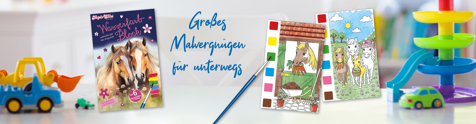 Wasserfarb-Block mit Pferdemotive neben Spielzeugautos und Malvorlagen mit Pferden und Ponys im Garten. Text: Großes Malvergnügen für unterwegs.