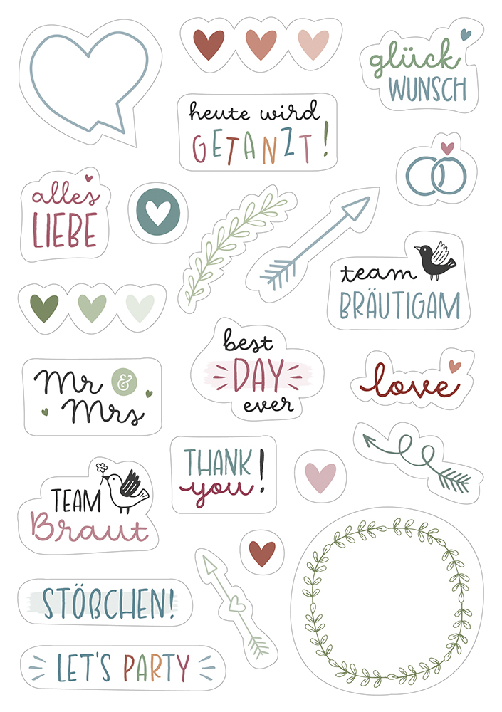 Aufkleber - Sticker-Set Hochzeit - Sticker Herz Gläser Pfeil Torte Luftballons