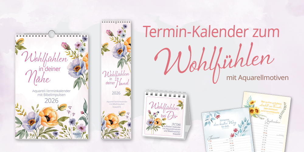 Banner mit verschiedenen Termin-Kalendern für 2026, gestaltet mit floralen Aquarell-rellmotiven.