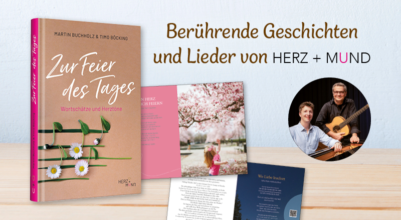 Buchcover und innere Seiten des Buches "Zur Feier des Tages" mit Blumenmotiven und Porträt von den Autoren.