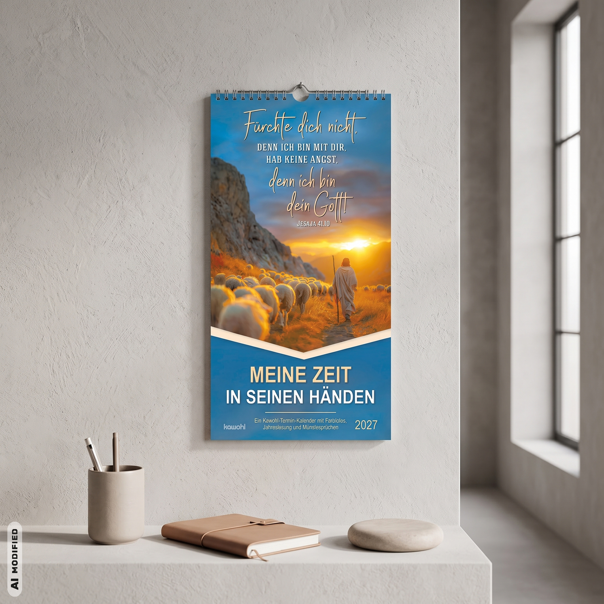 Terminkalender - Meine Zeit in seinen Händen 2027 - Hirte Schafe Berge Felsen Sonnenuntergang Sonnenaufgang Wolken Stab Feld Umhang Sonne