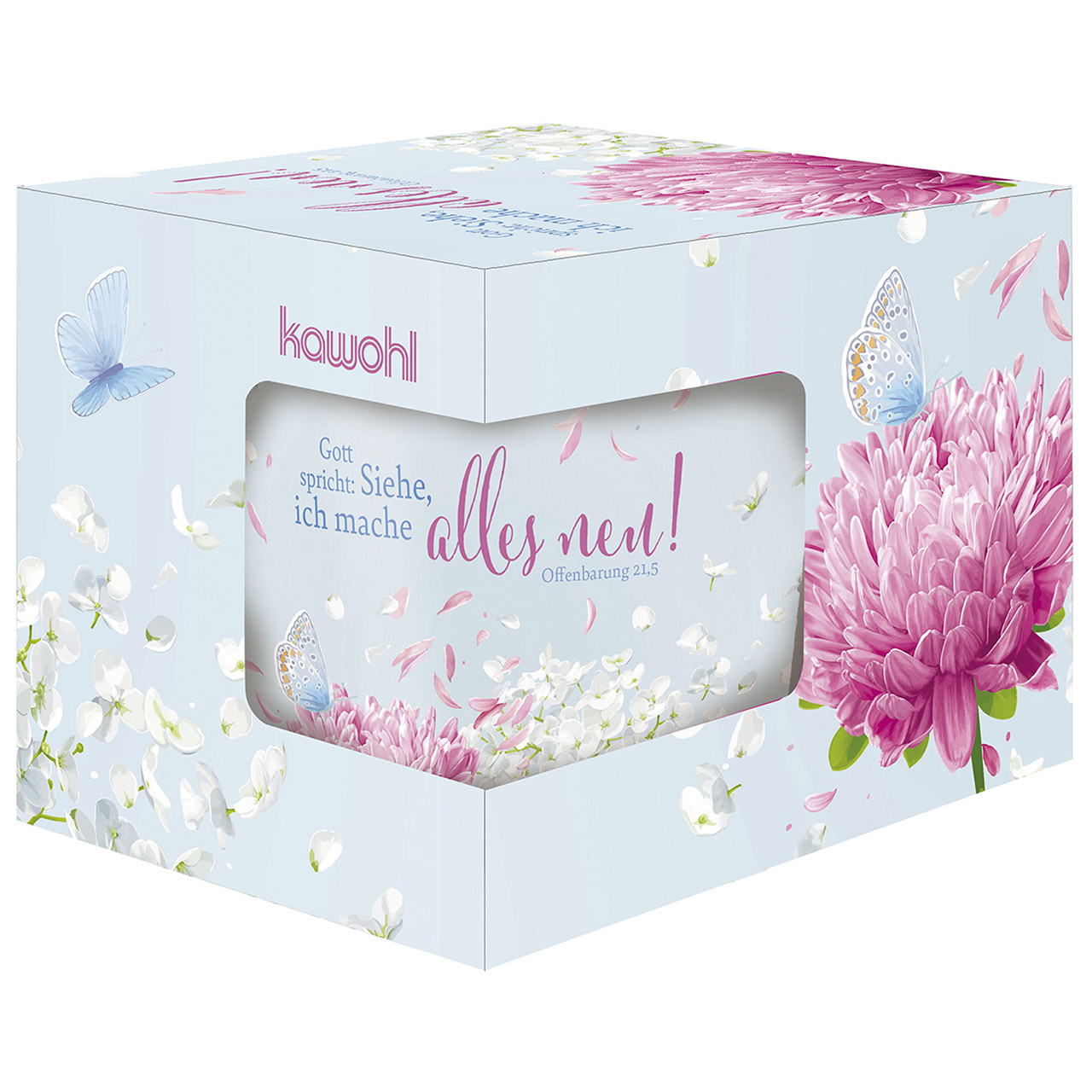 Tassen & Gläser - Gott spricht: Siehe, ich mache alles neu! - Grafik Hortensie Dahlie Blüten Schmetterling