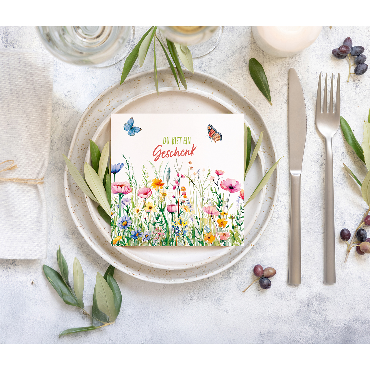 Servietten - Du bist ein Geschenk - Aquarell Blumen Schmetterling