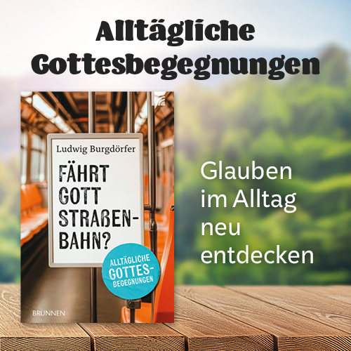 Buchcover mit dem Titel Fährt Gott Straßenbahn? von Ludwig Burgdörfer, umgeben von einer Naturkulisse.