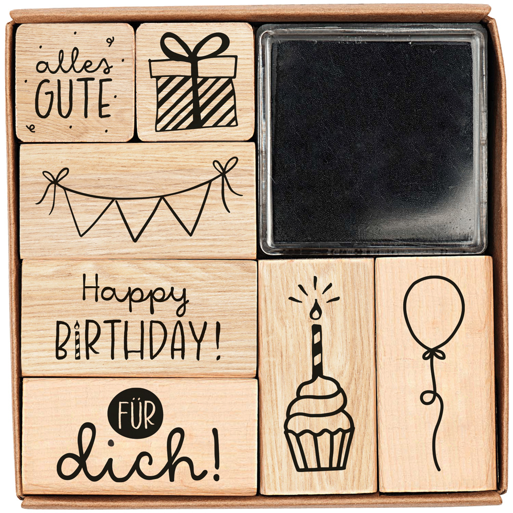 Stempel - Stempel-Set Geburtstag - Stempel Geschenk Girlande Holz Luftballon Muffin Kerze