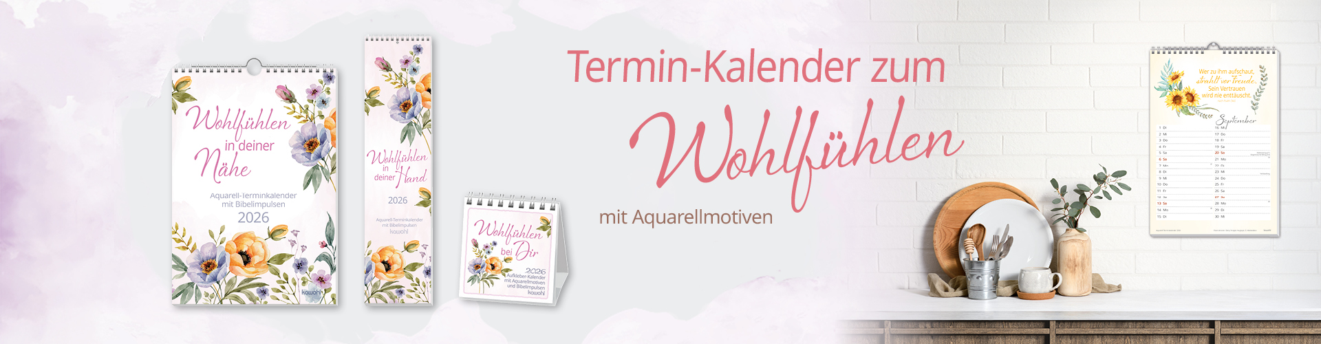 Banner mit verschiedenen Termin-Kalendern für 2026, gestaltet mit floralen Aquarell-rellmotiven.