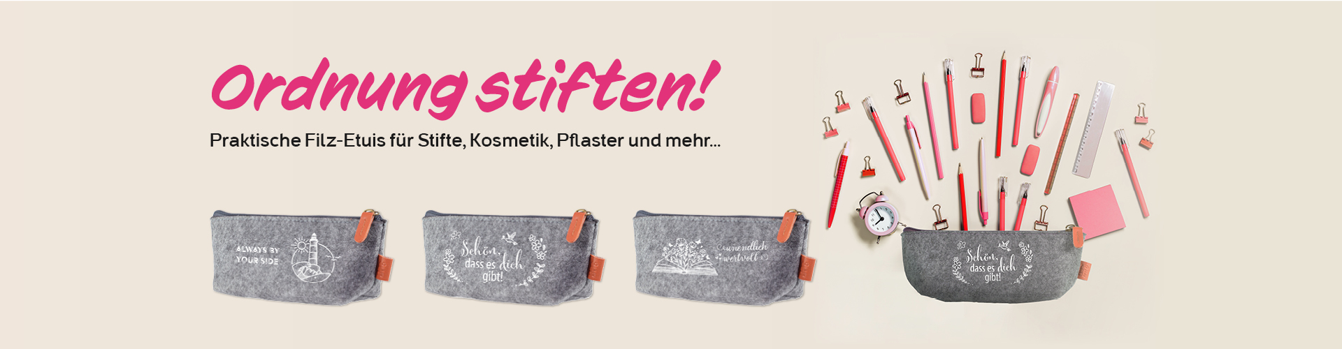 Slider mit vier grauen Filzetuis mit christlichen Sprüchen