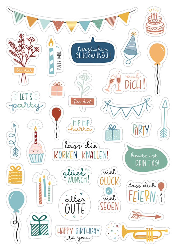 Aufkleber - Sticker-Set Geburtstag - Luftballon Sektgläser Trompete Torte Blumenstrauß Geschenk Kerzen Pfeile