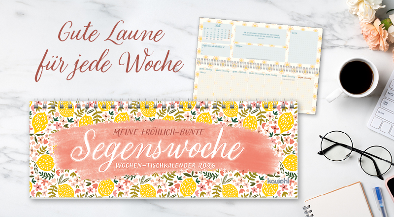 Banner mit einem bunten Tischkalender 2026, umgeben von einer Tasse Kaffee und einer Brille. Text: "Gute Laune für jede Woche"