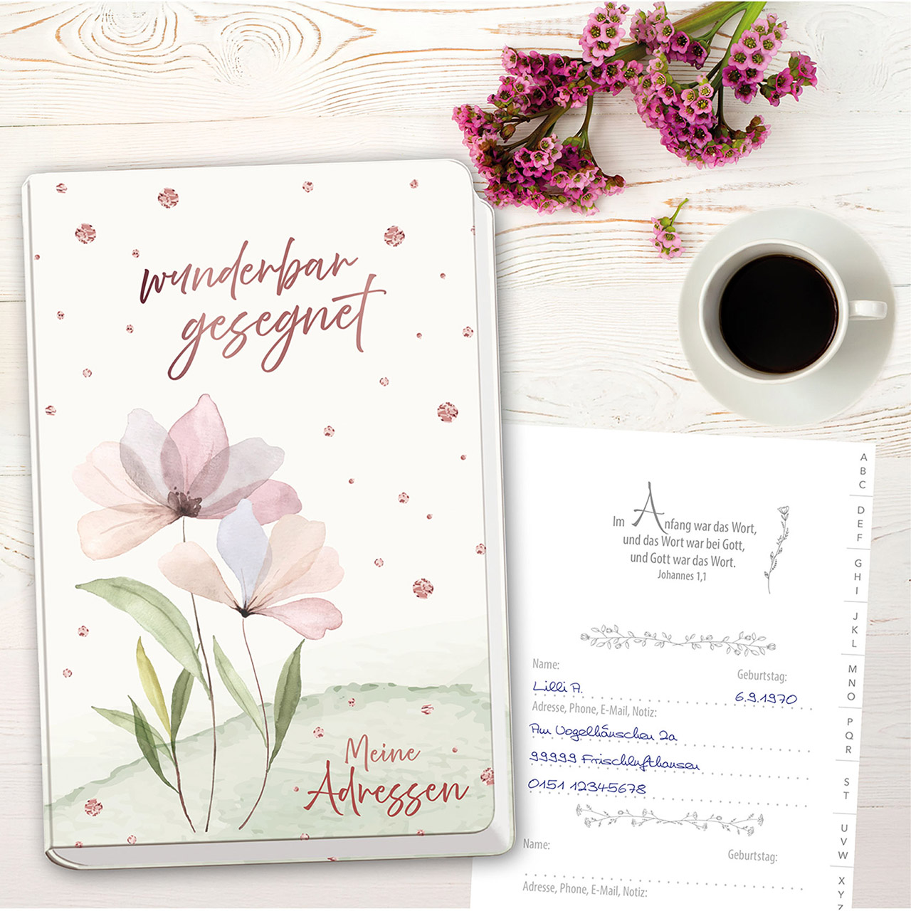 Adressbuch - wunderbar gesegnet - Meine Adressen - Blumen Grafik Aquarellblumen