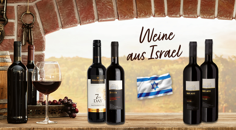 Banner mit Weinen aus Israel, einschließlich verschiedener Flaschen, einem Glas Rotwein und einer israelischen Flagge.
